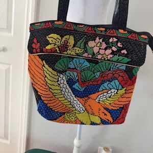 Vintage Hand Beaded Tote Bag Phoenix Bird Floral Black Shoulder Bag Boho